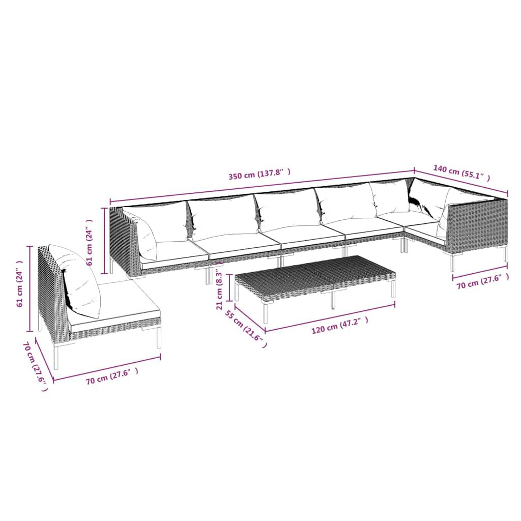 vidaXL 8 Piece Garden Lounge Set with Cushions Poly Rattan Dark Grey