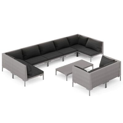 vidaXL 10 Piece Garden Lounge Set with Cushions Poly Rattan Dark Grey,  vidaXL 10 Piece Garden Lounge Set with Cushions Poly Rattan Dark Grey