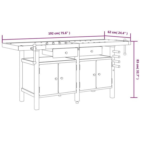 vidaXL Workbench with Drawers and Vices 192x62x83 cm Solid Wood Acacia