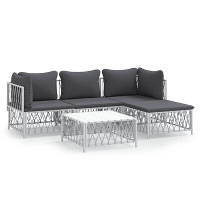 vidaXL 5 Piece Garden Lounge Set with Cushions White Steel, white vidaXL 5 Piece Garden Lounge Set with Cushions White Steel