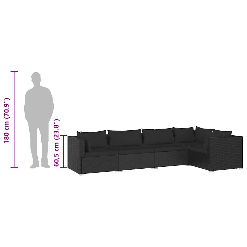 vidaXL 5 Piece Garden Lounge Set with Cushions Poly Rattan Black