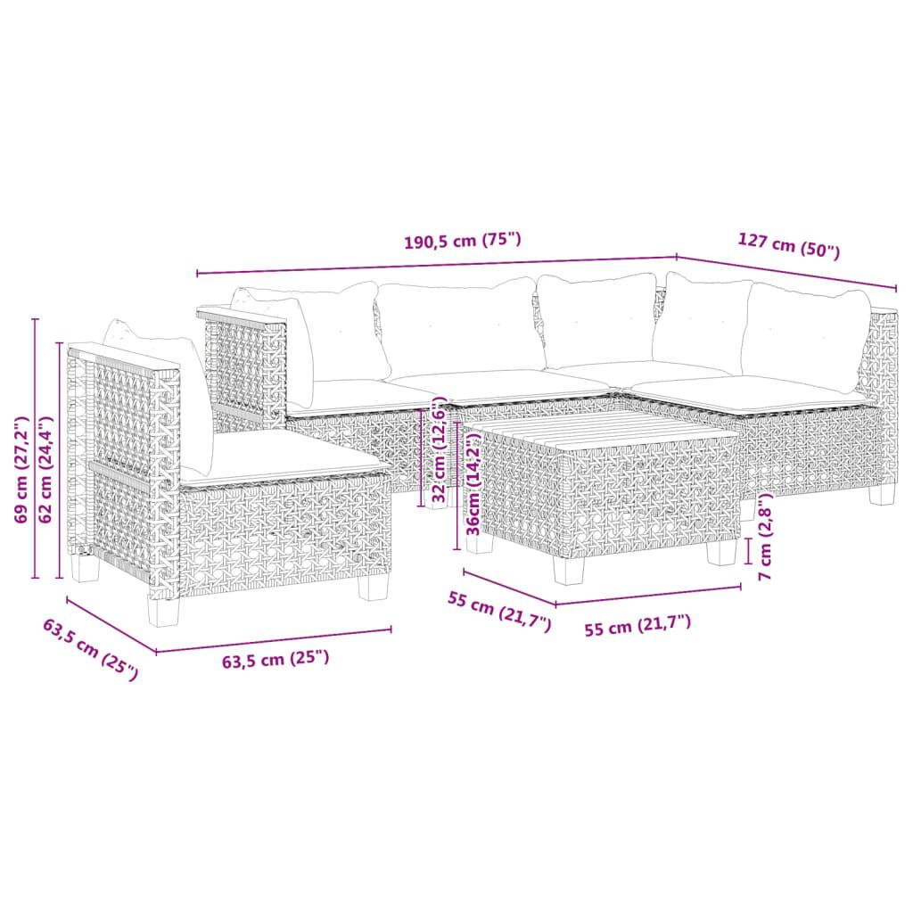 vidaXL 6 Piece Garden Sofa Set with Cushions Grey Poly Rattan
