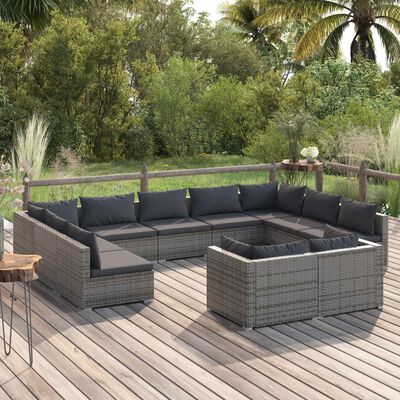 vidaXL 11 Piece Garden Lounge Set with Cushions Grey Poly Rattan, grey and anthracite vidaXL 11 Piece Garden Lounge Set with Cushions Grey Poly Rattan