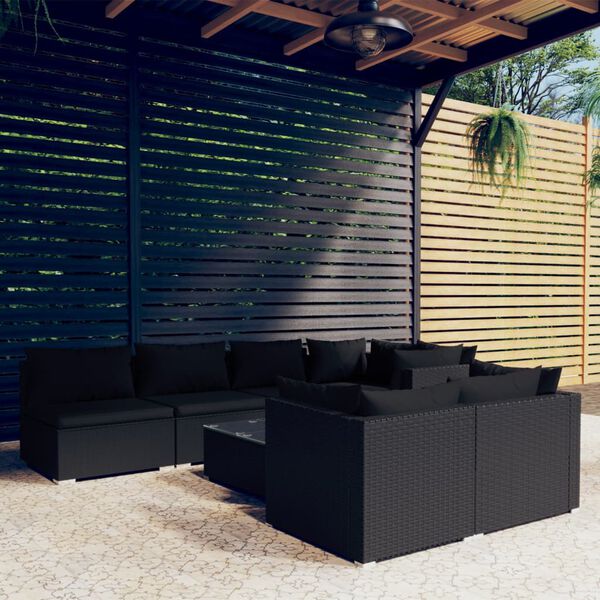 vidaXL 8 Piece Garden Lounge Set with Cushions Black Poly Rattan