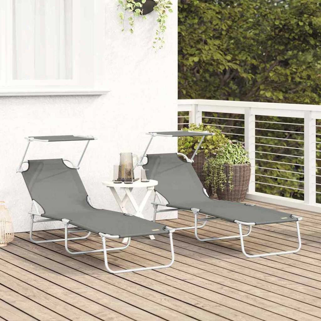 vidaXL Folding Sun Lounger with Canopy Steel Grey