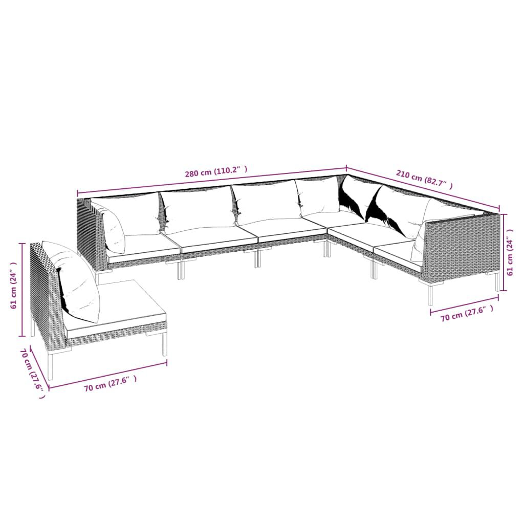 vidaXL 7 Piece Garden Lounge Set with Cushions Poly Rattan Dark Grey