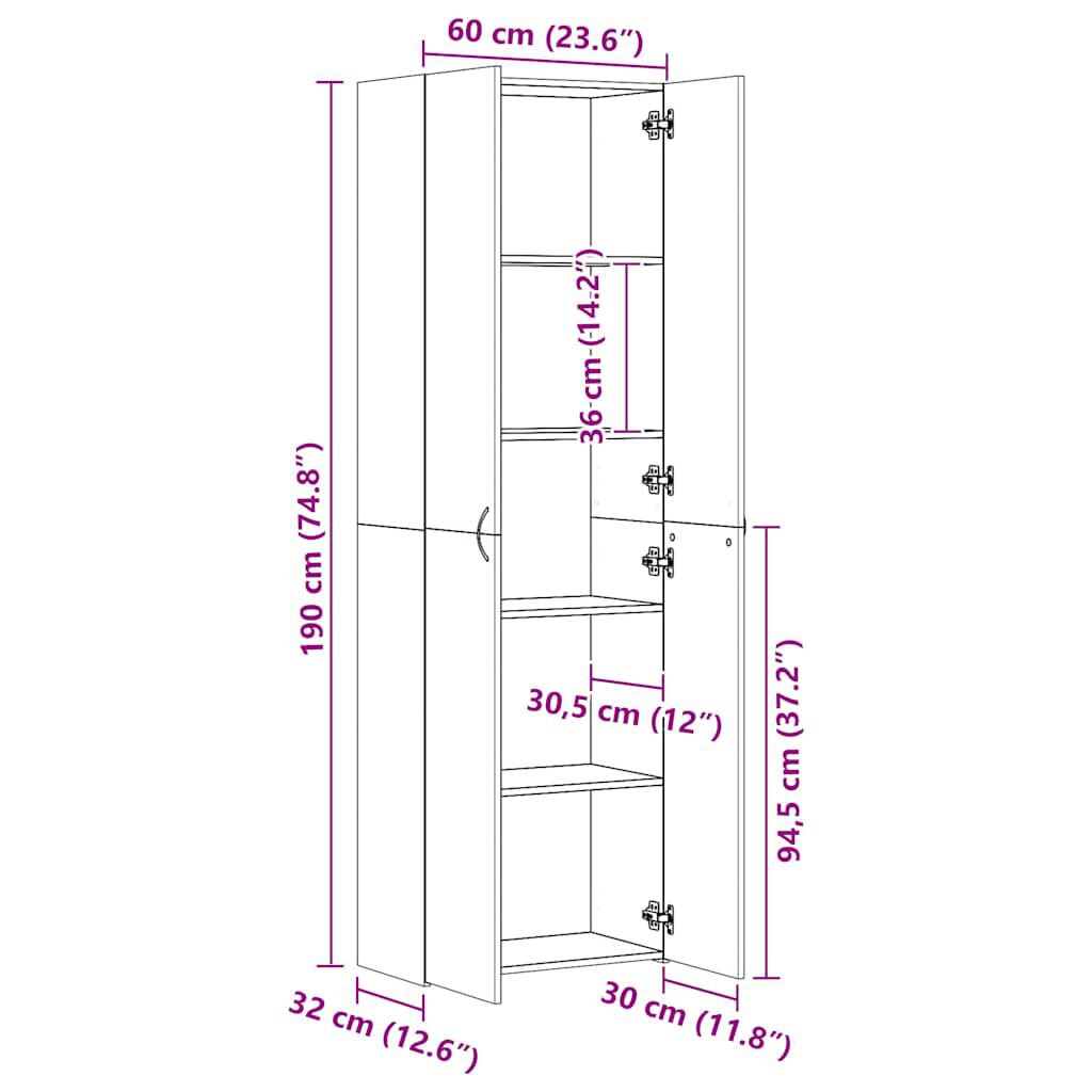 vidaXL Office Cabinet White 60x32x190 cm Engineered Wood
