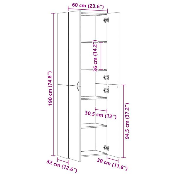 vidaXL Office Cabinet White 60x32x190 cm Engineered Wood