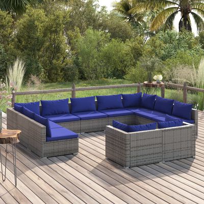 vidaXL 11 Piece Garden Lounge Set with Cushions Grey Poly Rattan, grey and dark blue vidaXL 11 Piece Garden Lounge Set with Cushions Grey Poly Rattan
