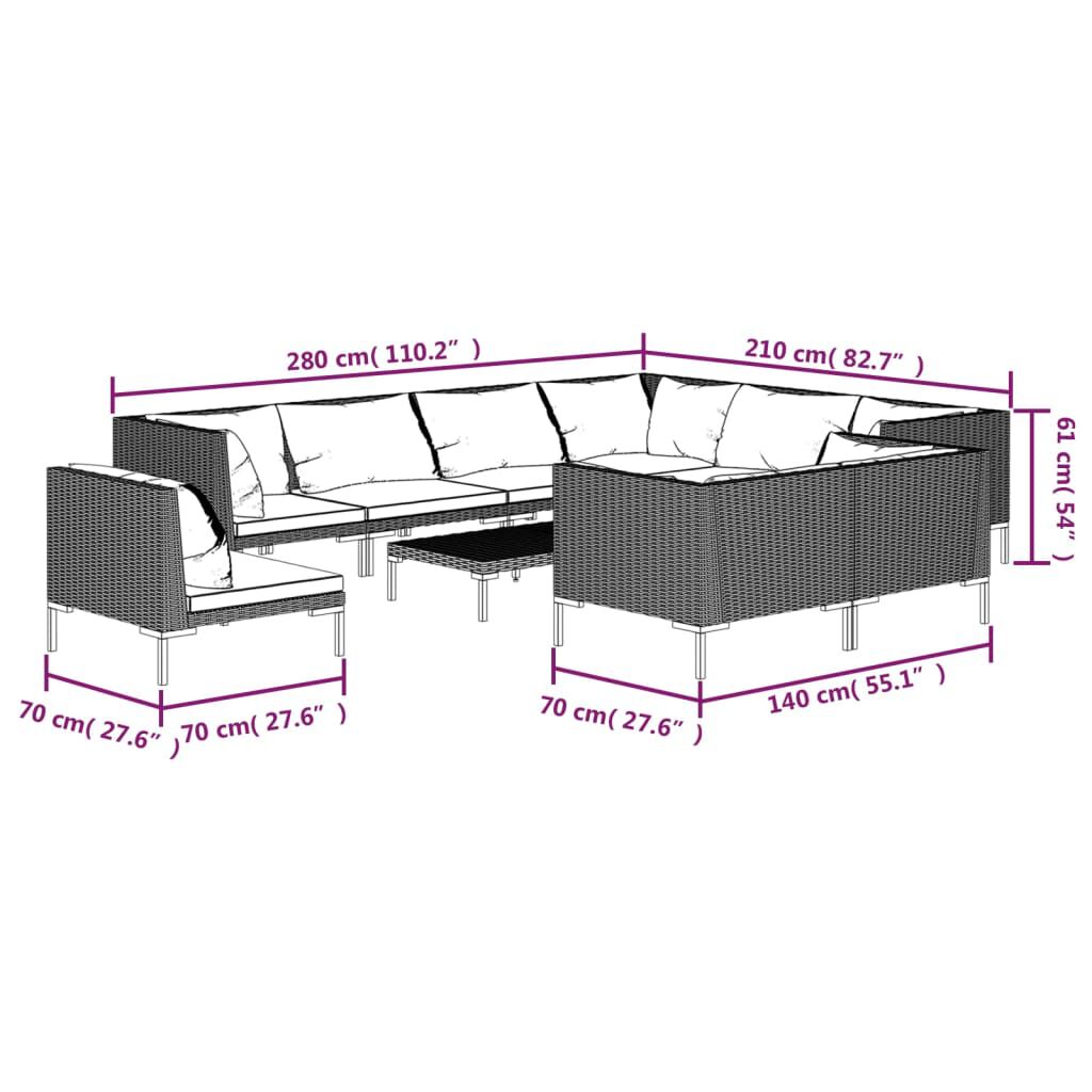 vidaXL 10 Piece Garden Lounge Set with Cushions Poly Rattan Dark Grey