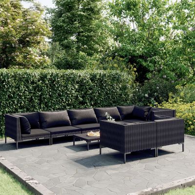vidaXL 9 Piece Garden Lounge Set with Cushions Poly Rattan Dark Grey,  vidaXL 9 Piece Garden Lounge Set with Cushions Poly Rattan Dark Grey