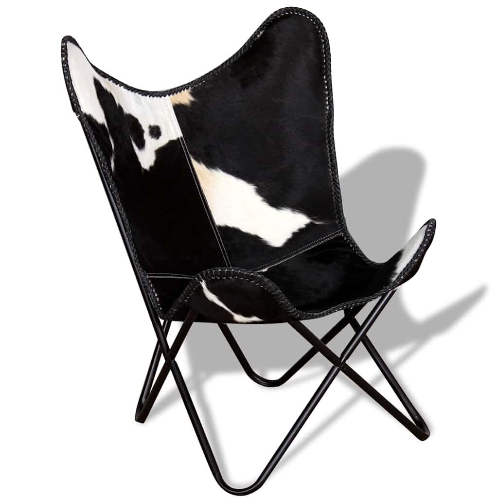 vidaXL Butterfly Chair Black and White Real Cowhide Leather
