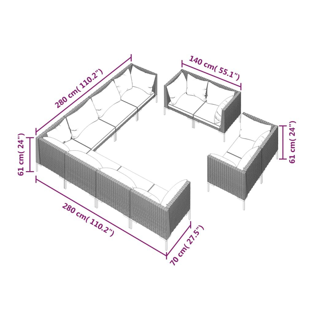 vidaXL 11 Piece Garden Lounge Set with Cushions Poly Rattan Dark Grey