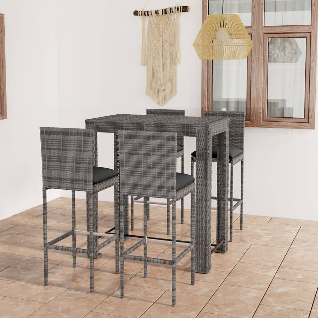 vidaXL 5 Piece Outdoor Bar Set with Cushions Poly Rattan Grey