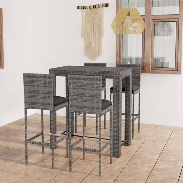 vidaXL 5 Piece Outdoor Bar Set with Cushions Poly Rattan Grey