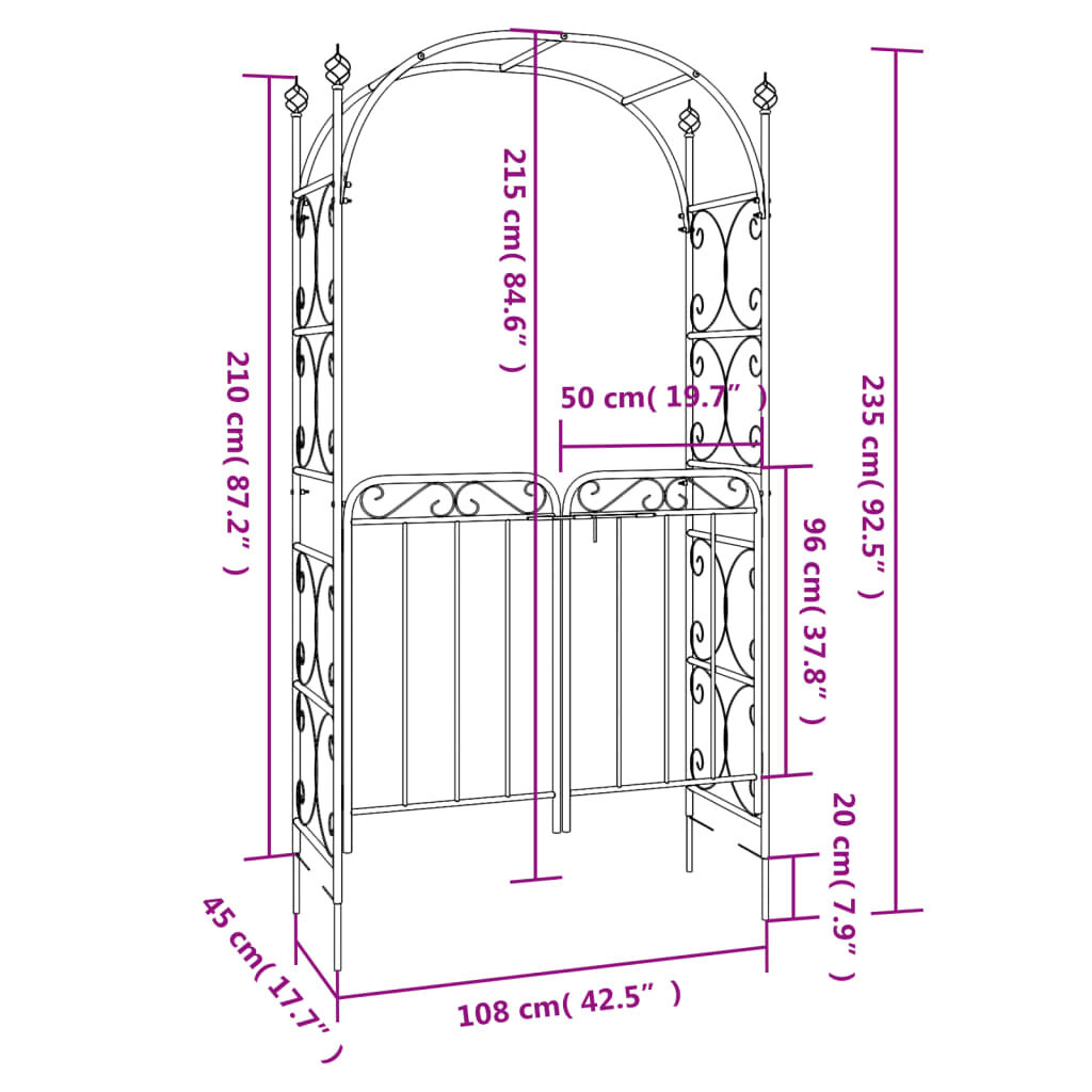 vidaXL Garden Arch with Gate Black 108x45x235 cm Steel