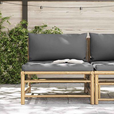 vidaXL Garden Middle Sofa with Dark Grey Cushions Bamboo, dark grey vidaXL Garden Middle Sofa with Dark Grey Cushions Bamboo