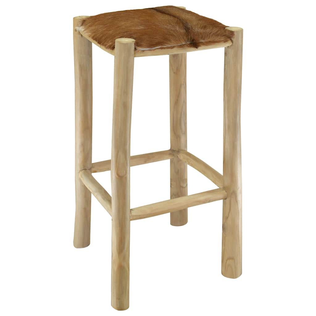 vidaXL Bar Stool Real Leather and Solid Teak Wood
