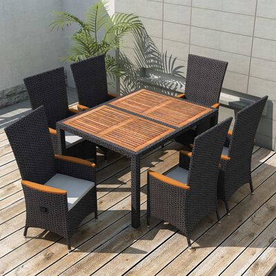 vidaXL 7 Piece Outdoor Dining Set Poly Rattan Acacia Wood Black,  vidaXL 7 Piece Outdoor Dining Set Poly Rattan Acacia Wood Black