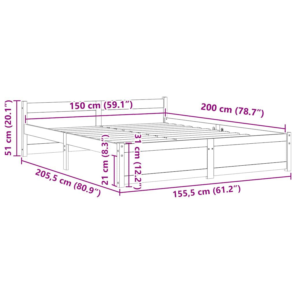 vidaXL Bed Frame without Mattress Solid Wood 150x200 cm King Size King Size