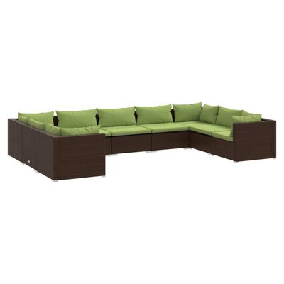vidaXL 9 Piece Garden Lounge Set with Cushions Poly Rattan Brown, brown and green vidaXL 9 Piece Garden Lounge Set with Cushions Poly Rattan Brown