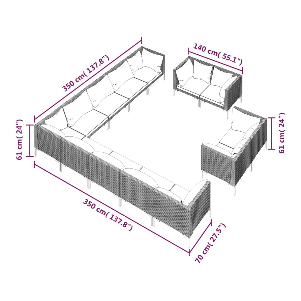 vidaXL 13 Piece Garden Lounge Set with Cushions Poly Rattan Dark Grey