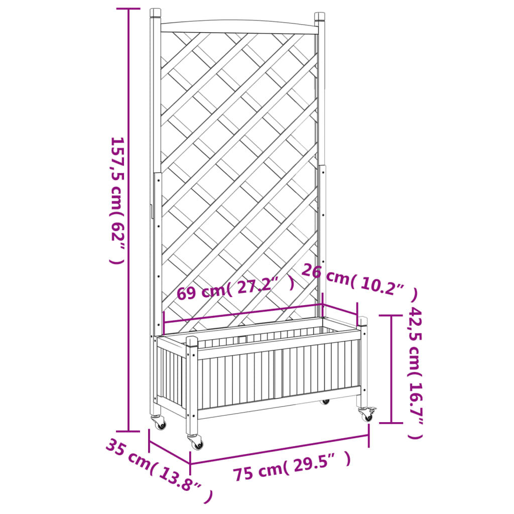 vidaXL Planter with Trellis and Wheels Brown Solid Wood Fir
