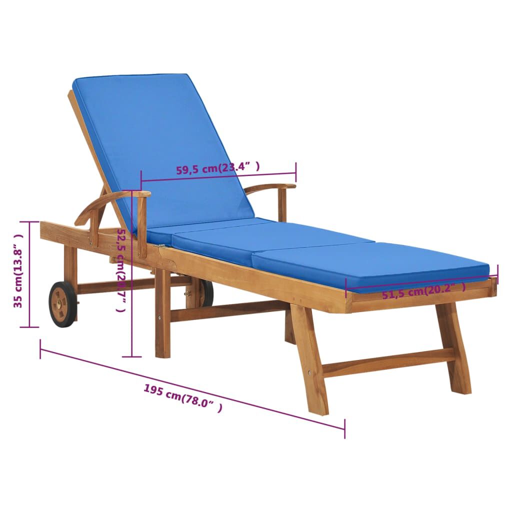 vidaXL Sun Lounger with Cushion Solid Teak Wood Blue