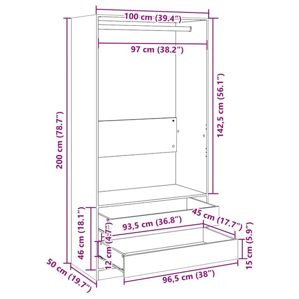 vidaXL Wardrobe Black 100x50x200 cm Engineered Wood