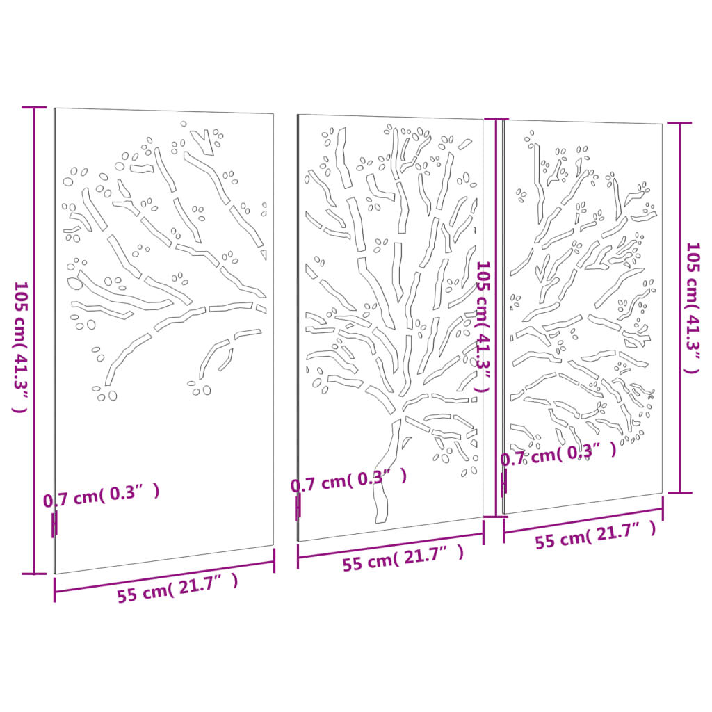 vidaXL Garden Wall Decorations 3 pcs 105x55 cm Corten Steel Tree Design