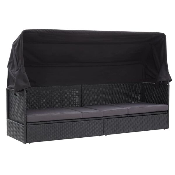 vidaXL Outdoor Sofa Bed with Canopy Poly Rattan Black