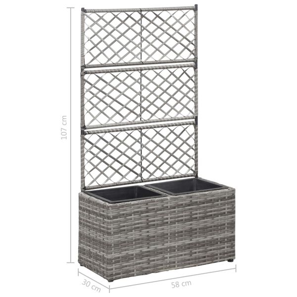 vidaXL Trellis Raised Bed with 2 Pots 58x30x107 cm Poly Rattan Grey