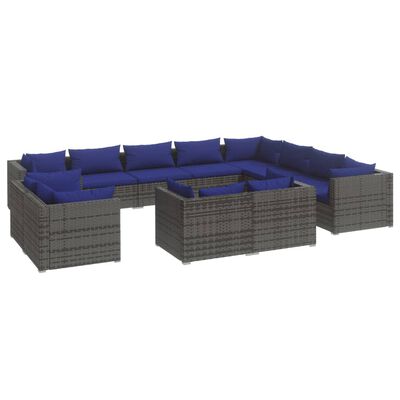 vidaXL 12 Piece Garden Lounge Set with Cushions Grey Poly Rattan, grey and dark blue vidaXL 12 Piece Garden Lounge Set with Cushions Grey Poly Rattan