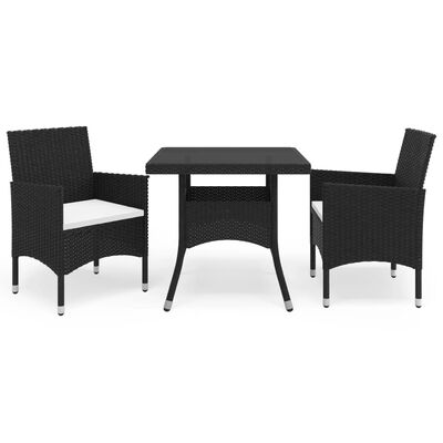 vidaXL 3 Piece Garden Dining Set Black Poly Rattan and Glass