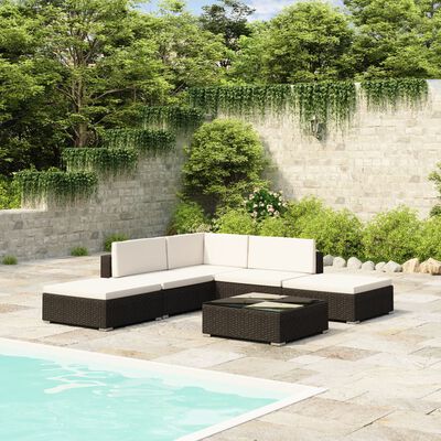 vidaXL 6 Piece Garden Lounge Set with Cushions Poly Rattan Black, black and white vidaXL 6 Piece Garden Lounge Set with Cushions Poly Rattan Black