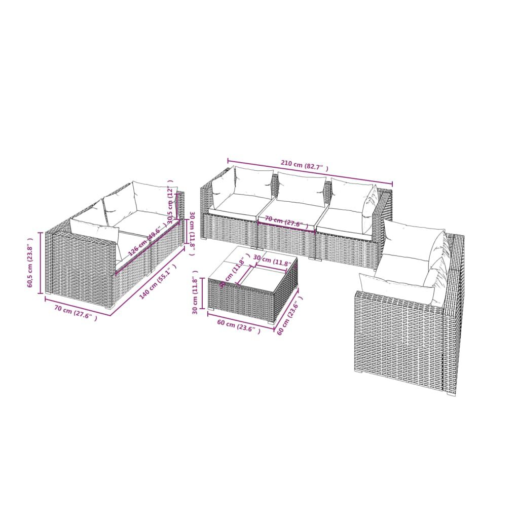 vidaXL 8 Piece Garden Lounge Set with Cushions Poly Rattan Black
