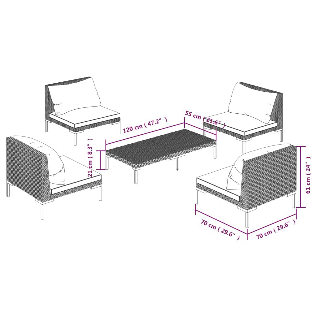 vidaXL 5 Piece Garden Lounge Set with Cushions Poly Rattan Dark Grey