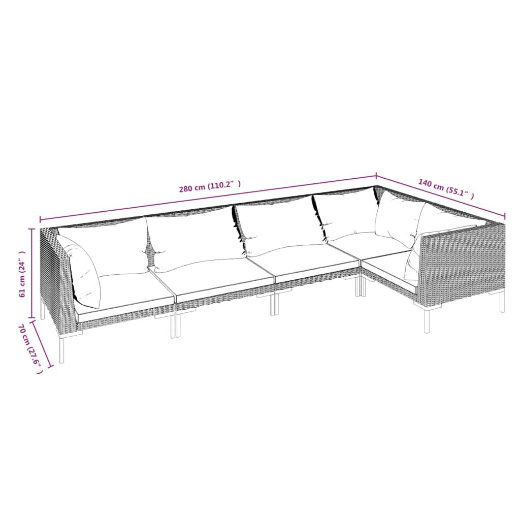 vidaXL 5 Piece Garden Lounge Set with Cushions Poly Rattan Dark Grey
