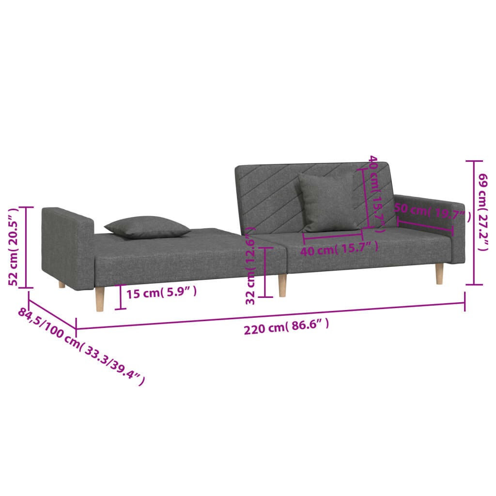 vidaXL 2-Seater Sofa Bed with Two Pillows Dark Grey Fabric