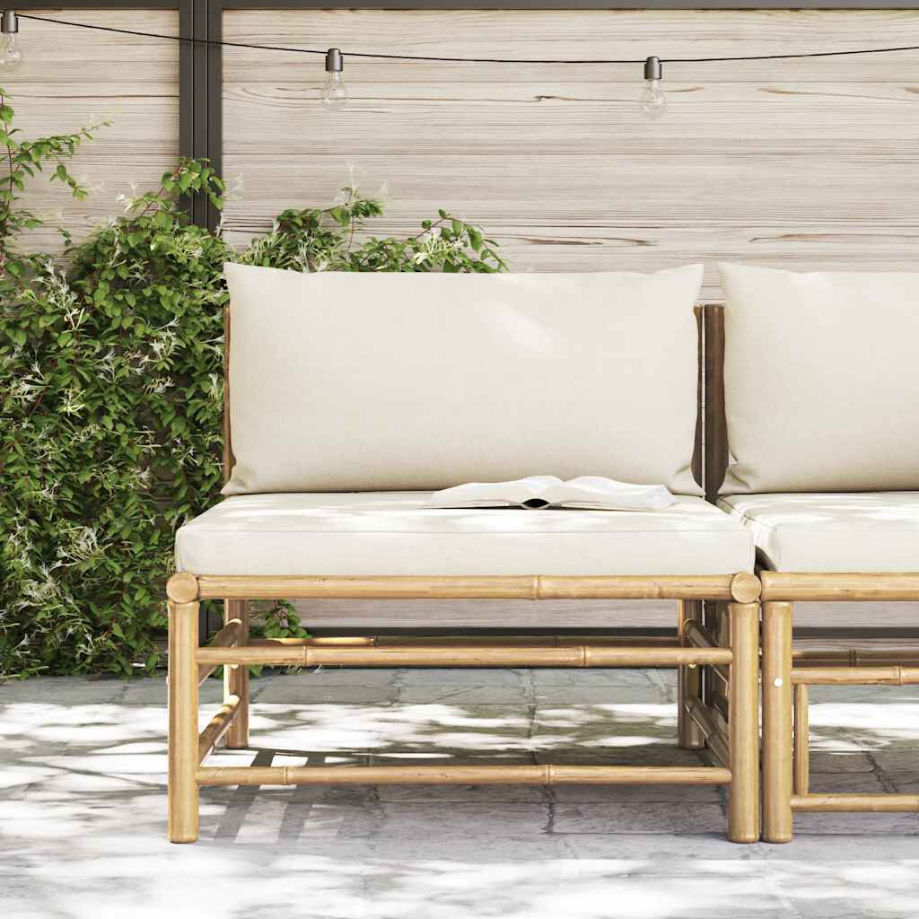 vidaXL Garden Middle Sofa with Cream White Cushions Bamboo