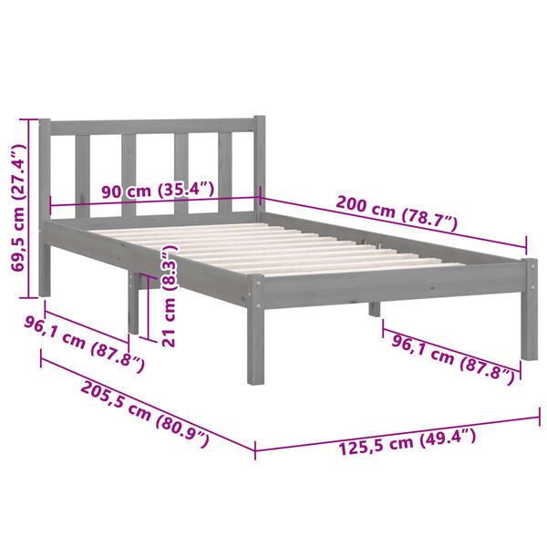 vidaXL Bed Frame without Mattress Grey Solid Wood 90x200 cm