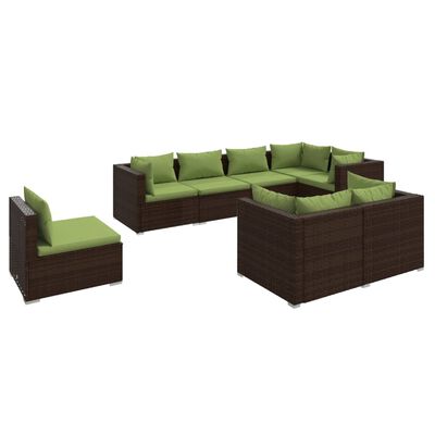 vidaXL 8 Piece Garden Lounge Set with Cushions Poly Rattan Brown, brown and green vidaXL 8 Piece Garden Lounge Set with Cushions Poly Rattan Brown