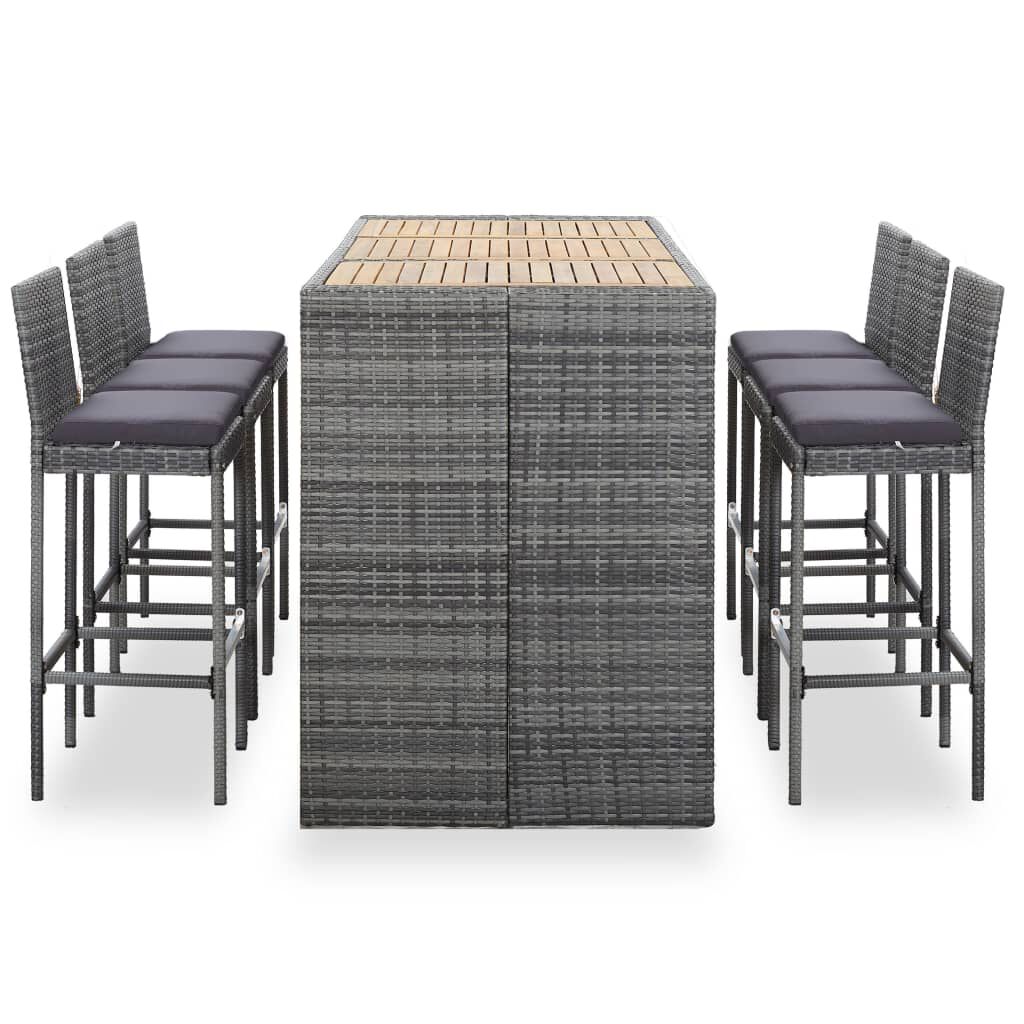 vidaXL 7 Piece Outdoor Bar Set with Cushions Poly Rattan Grey
