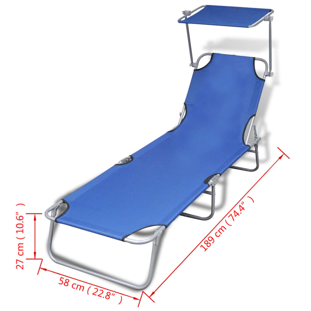 vidaXL Folding Sun Lounger with Canopy Steel and Fabric Blue
