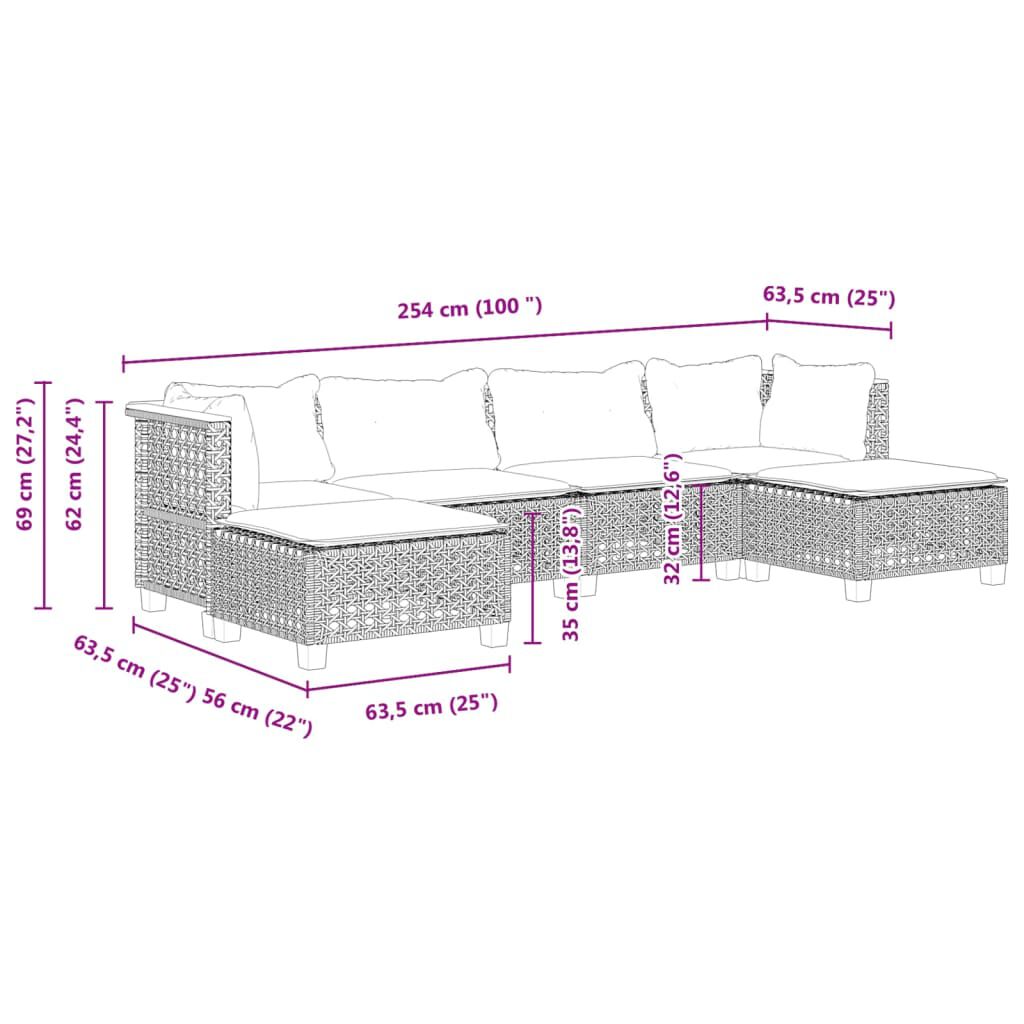 vidaXL 6 Piece Garden Sofa Set with Cushions Grey Poly Rattan