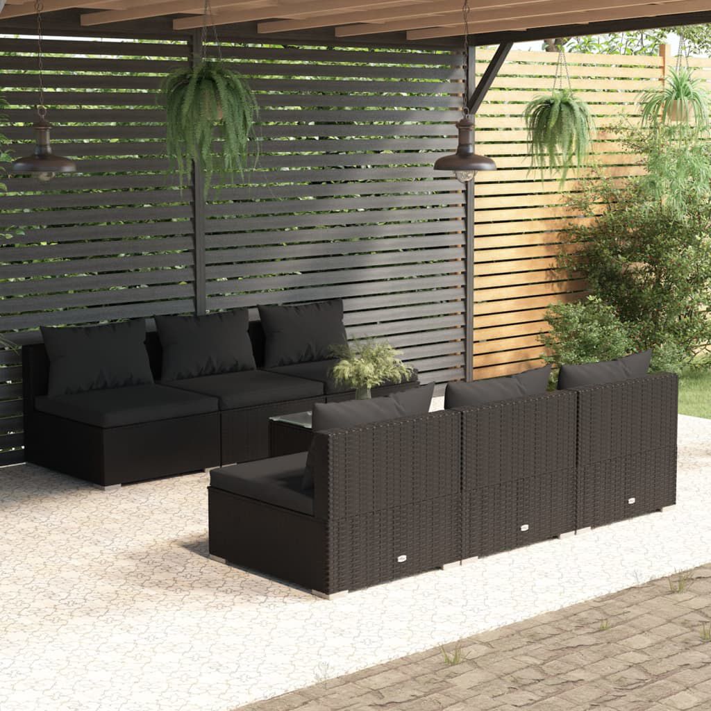 vidaXL 7 Piece Garden Lounge Set with Cushions Poly Rattan Black