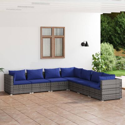 vidaXL 7 Piece Garden Lounge Set with Cushions Poly Rattan Grey, grey and dark blue vidaXL 7 Piece Garden Lounge Set with Cushions Poly Rattan Grey