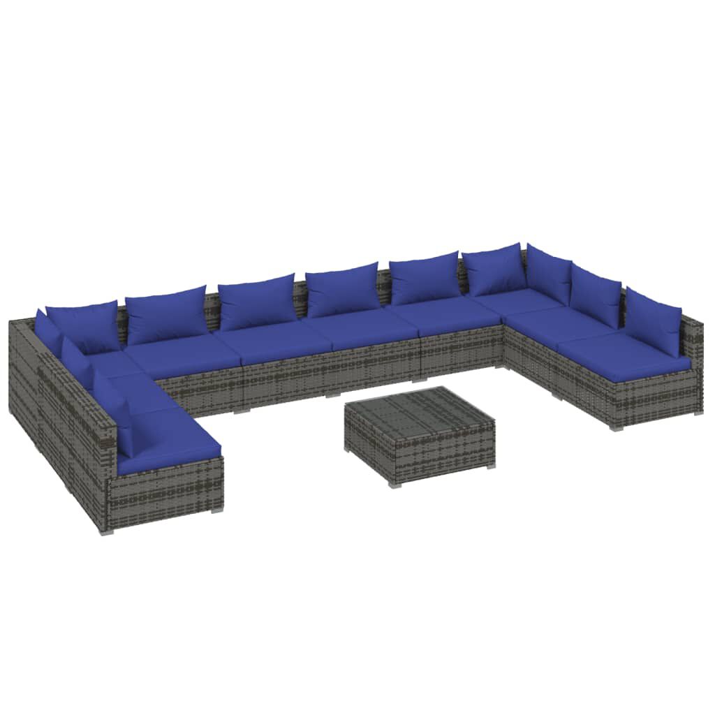 vidaXL 11 Piece Garden Lounge Set with Cushions Poly Rattan Grey