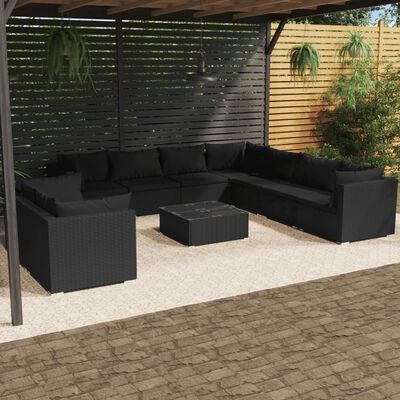 vidaXL 10 Piece Garden Lounge Set with Cushions Black Poly Rattan, black vidaXL 10 Piece Garden Lounge Set with Cushions Black Poly Rattan
