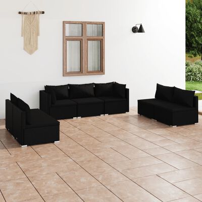 vidaXL 7 Piece Garden Lounge Set with Cushions Poly Rattan Black, black vidaXL 7 Piece Garden Lounge Set with Cushions Poly Rattan Black